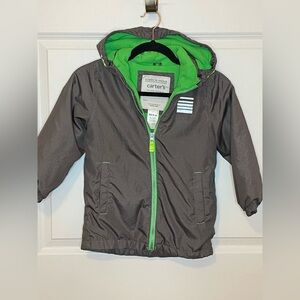 Carter’s Boys Hooded Jacket Gray Neon Green Zip Fleece Lined Windbreaker 5/6